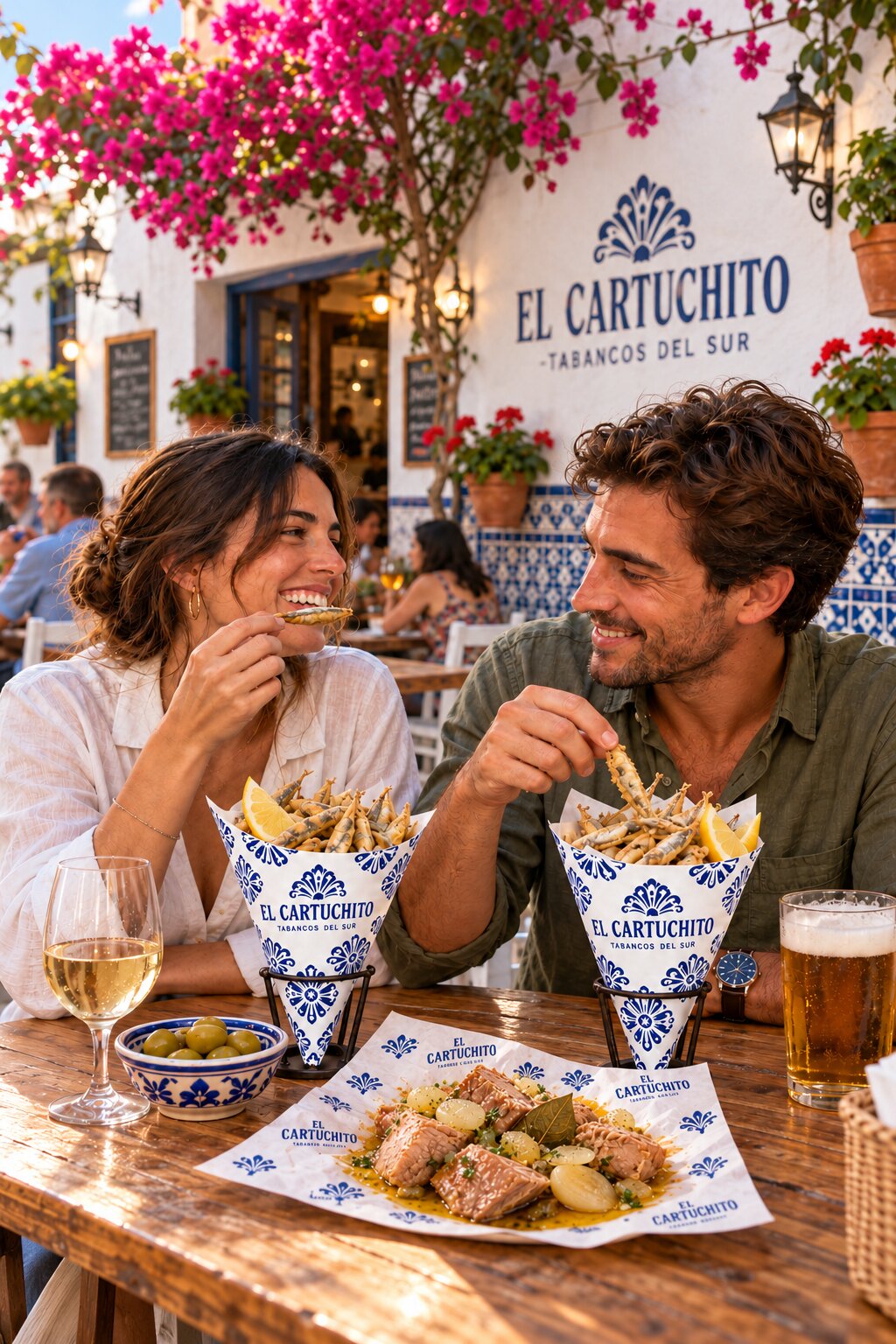 Una pareja disfruta de cartuchitos de pescaíto en el patio de El Cartuchito
